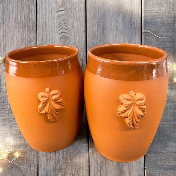 B Taylor Hand Made RedWare Tumbler Glasses Cups Signed With Grapes Leafs Set 2 - Picture 1 of 15